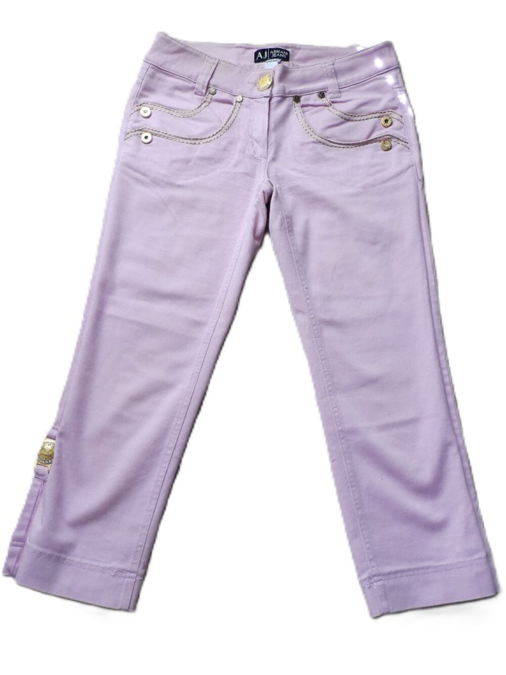 Armani Jeans capri pants gold-tone hardware and embroidered pocket detailing.